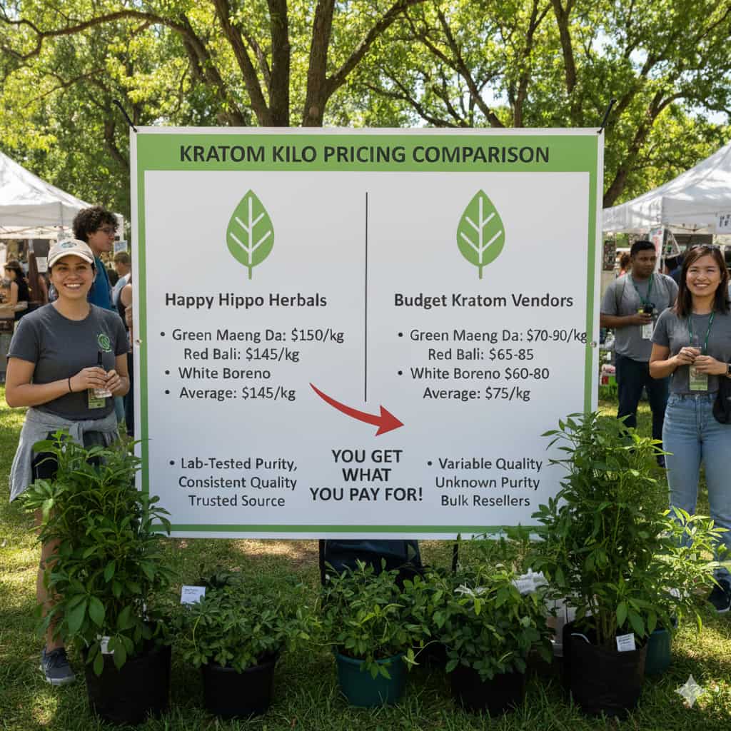 Happy Hippo Herbals pricing comparison chart showing kilo costs versus budget kratom vendors